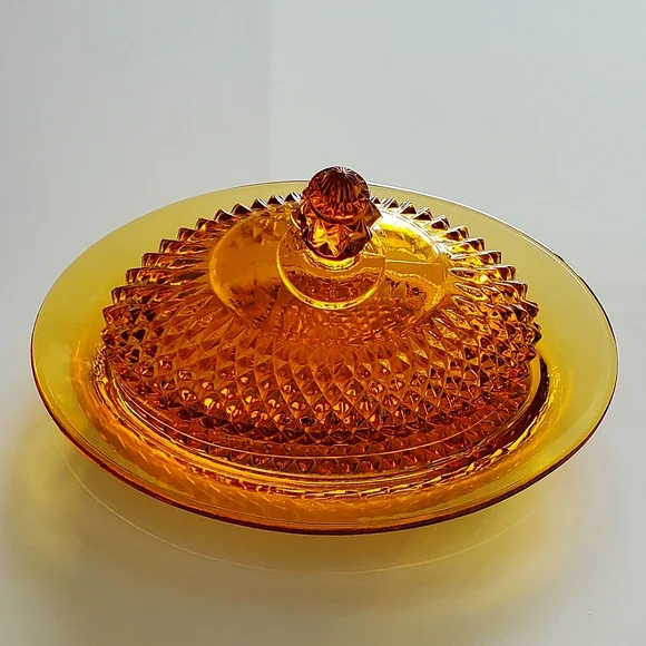 Vntg π"Diamond Point Amber" Lidded Oval Dish by Indiana Glass πΊπΈ - Picture 2 of 8